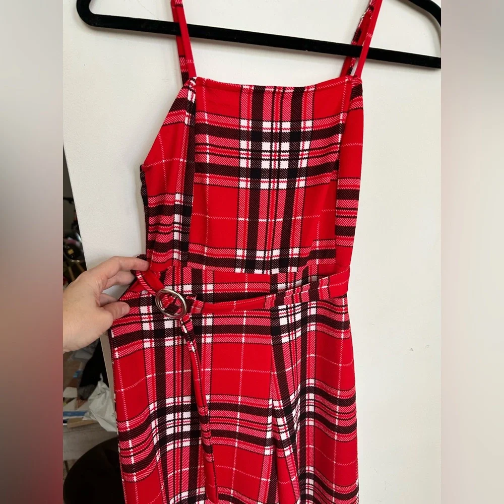 Punk 90s Grunge belted red plaid jumpsuit spaghetti straps stretchy material - Picture 2 of 8